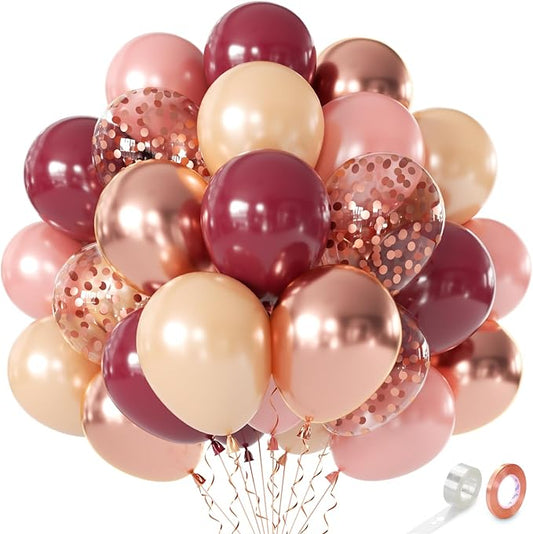 Burgundy and Pink Balloons - 50 Pcs 12" Maroon Wine Red Rose Gold Metallic Champagne Gold Balloons for Bachelorette Girl Birthday Graduations Weddings Anniversary Bridal Shower Party Decorations