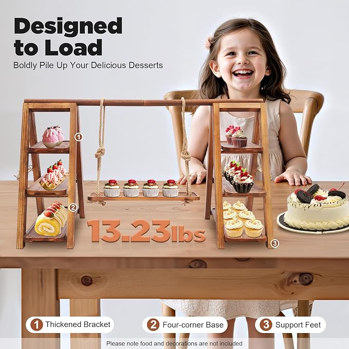 mignonnememe Wooden Cupcake Stand 3 Tier Cake Pop Stand Dessert Table Display Set with Serving Tray and Folding Stand for Party Birthday Wedding (Brown)