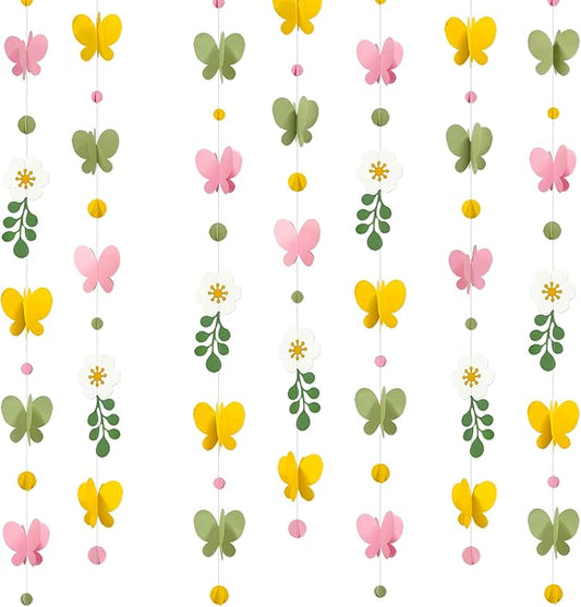 Spring Decorations Flowers 3D Butterflies Dots Garland Green Pink Yellow Hanging Paper Streamer for Spring Birthday Baby Shower Mother's Day Wedding Bridal Shower Tea Party Decorations Supplies