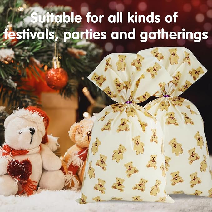 LEOSINDA100 Pcs Cellophane Bags 7 X 12 Inch Little Bear Cellophane Plastic Candy Bags with Twist Ties for Valentine's Day and Birthday Favors Gift Cookie Weddings Packing Party Favor Supplies