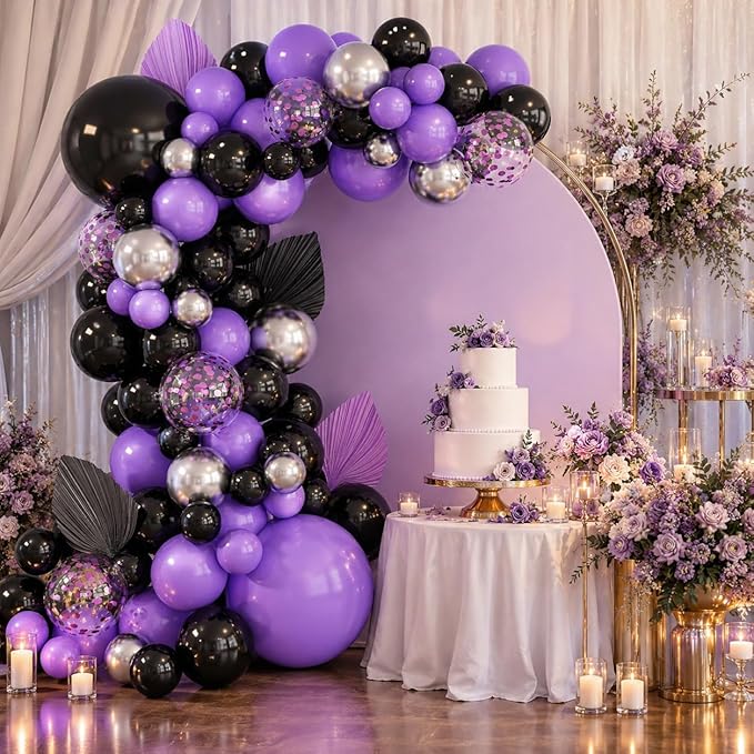 Black Purple Balloons Arch Kit,BTZO Metallic Silver Purple Confetti Balloon for Birthday Wedding Bridal Shower Graduations Party Decorations
