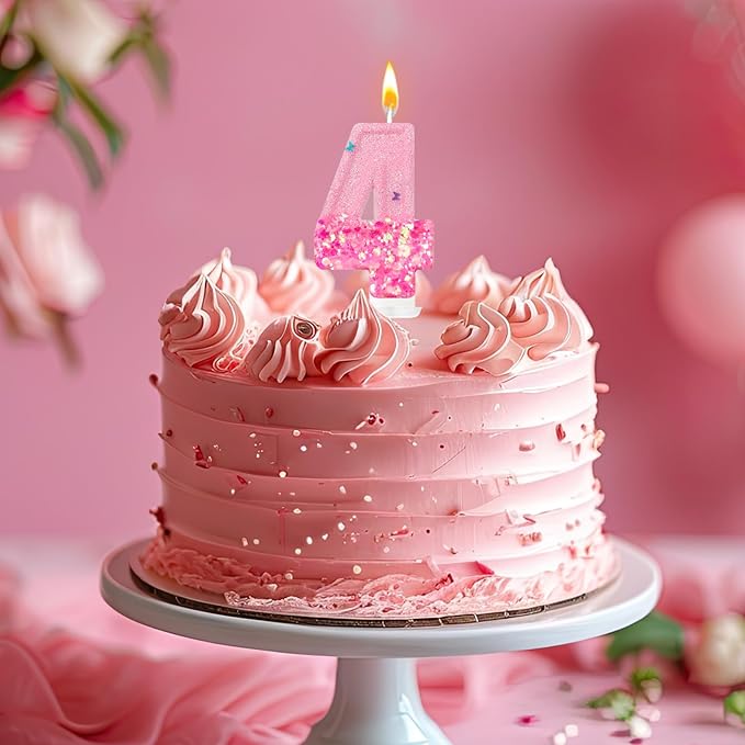 Pink Sequin Birthday Candles, Cake Number Candles, Girls 0th Birthday Decorations, Suitable for Birthday Parties, Anniversary Party Decorations(4)