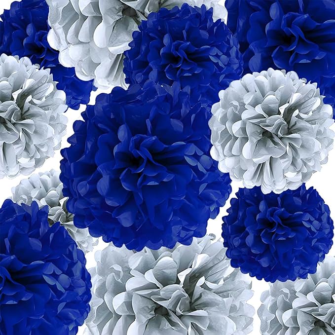 Blue Silver Tissue Paper Pom Poms 12Pcs- Hanging Paper Flowers for Wedding Birthday Graduations Christmas and Special Occasions(10 & 12 inch) ﻿