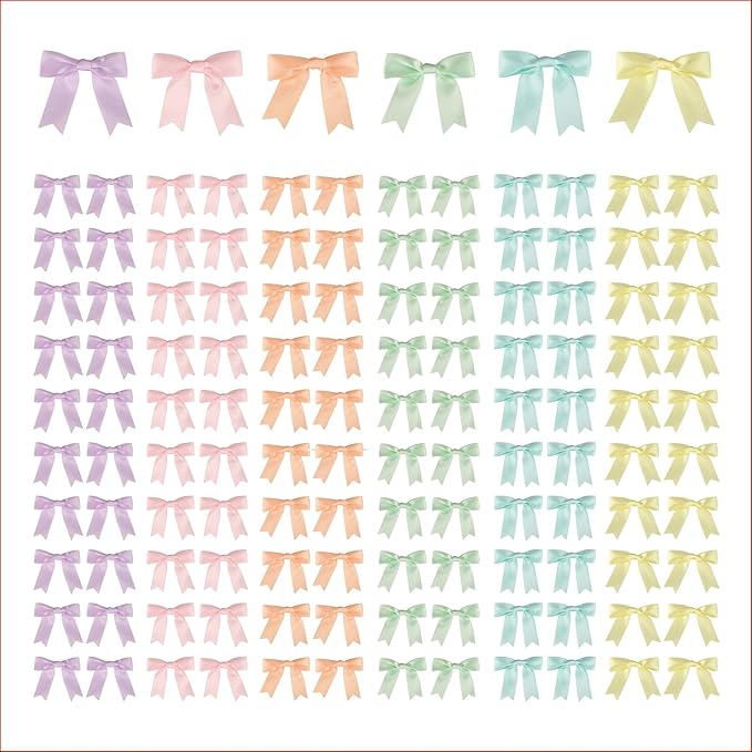 Meseey 120 Pcs 1.5 Inches Premade Craft Bows Self Adhesive Pastel Rainbow Satin Ribbon Bows for Gift Wrapping, Party Decor, Wedding & Event Embellishments (Pastel Set)