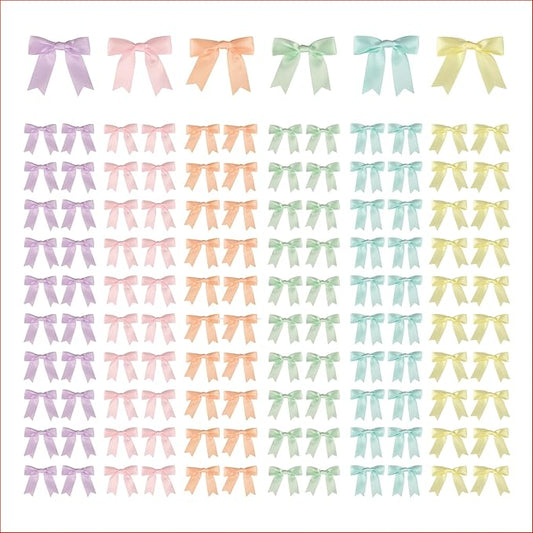 Meseey 120 Pcs 1.5 Inches Premade Craft Bows Self Adhesive Pastel Rainbow Satin Ribbon Bows for Gift Wrapping, Party Decor, Wedding & Event Embellishments (Pastel Set)