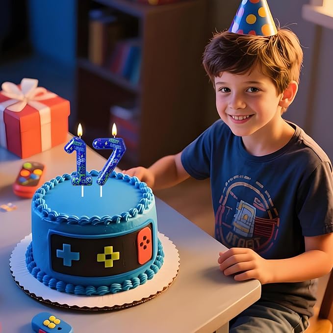 Number 7 Birthday Candle for Cake – Blue Gaming Theme Number Candle with “Next Level” Design, Video Game Style Cake Topper for Anniversary & Celebration