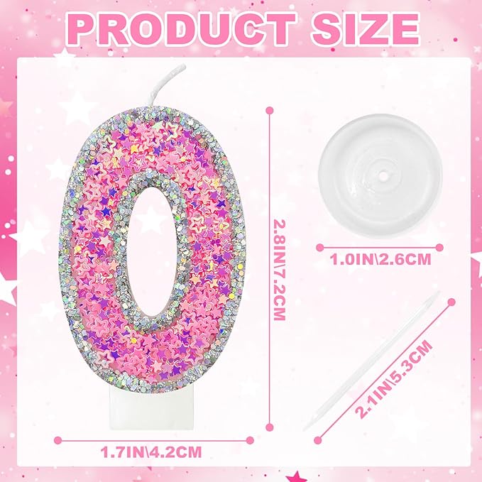 Number 0 Birthday Candle for Cake – Silver Glitter Edge with Pink Star Confetti – Decorative Number Cake Topper for Anniversary & Celebration Party Decor