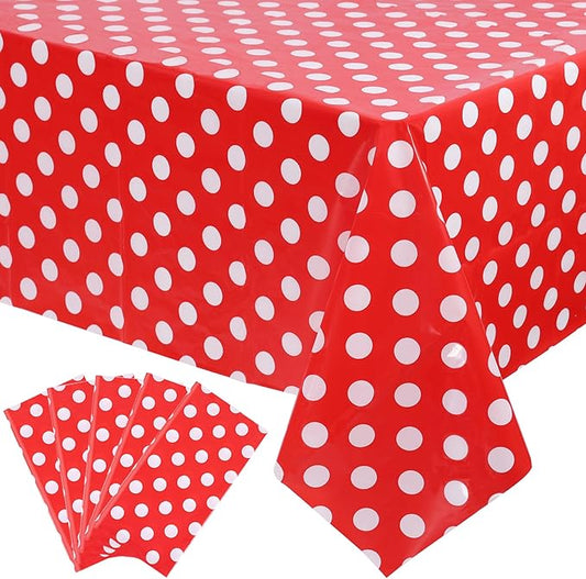 Kesfey 5 Packs Red Polka Dot Plastic Tablecloth 54 x 108 Inch Mickey Mouse Table Cloths Waterproof Disposable Red Picnic Table Covers Rectangle Red and White Dot Carnival Tablecloth for Birthday Party