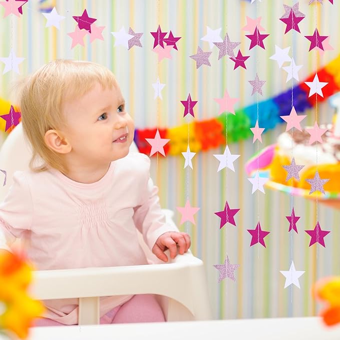 Patelai Glitter Star Garland Banner 2026 Graduation Decor 130 Feet Star Hanging Banner Twinkle Backdrop for Party Birthday Classroom Wedding Supplies(Pink,Rose Red,White)