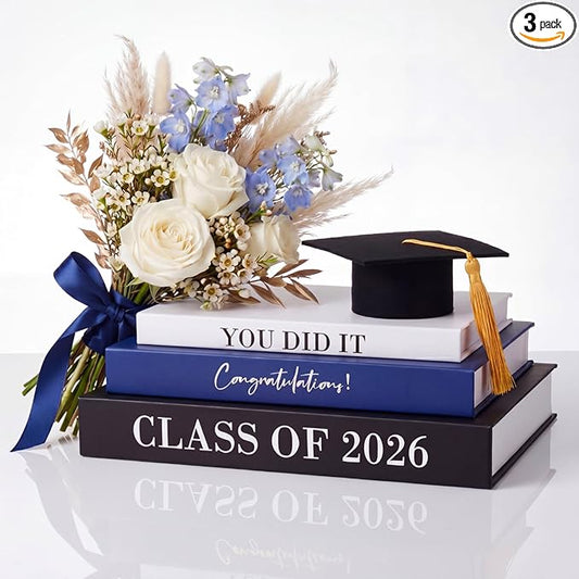 Threehoney 3 Pcs Graduation Table Centerpieces Class of 2026, Graduation Book Centerpiece Congratulate Grad Decoration Decorative Book Storage Box Table Home Party Decor(Black, White, and Blue)