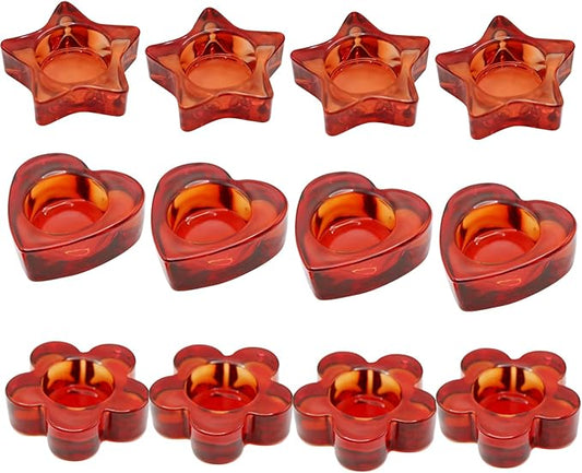 Red Votive Candle Holders Set of 12, (3 Sizes,Heart/Flower/Star) Glass Tealight Candle Holders Bulk for Wedding Table Centerpiece,Birthday Party,Valentines Day,Christmas Decorations,Home Decor(Red)