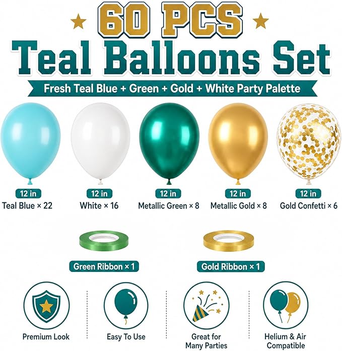 Teal and Gold Balloons, 60PCS Gold Turquoise Balloons Set, 12 Inch Metallic Green Gold Confetti Balloon Teal Blue White Latex Balloon for Wedding Birthday Baby Shower Summer Party Decor