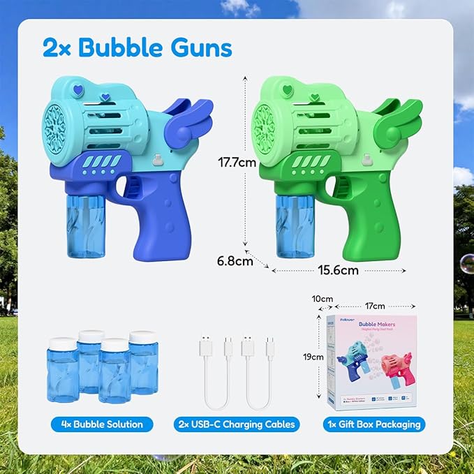 2 Pack Rechargeable Bubble Gun with 4 Bottles Solution, Bubbles Machine Blower Guns Toys with LED Lights for Toddlers Kids 3-12, Summer Toy, Party Favors, Easter, Birthday Gift