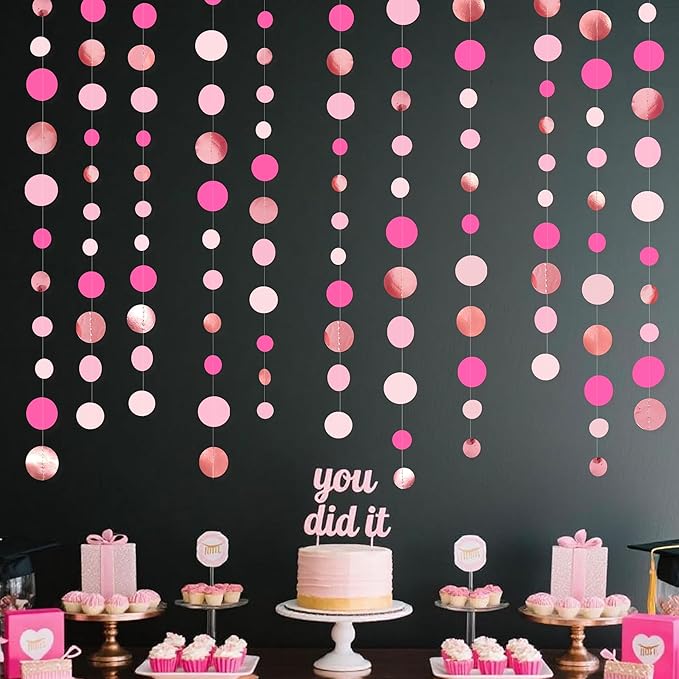 Hot Pink Rose Gold Party Decorations Circle Dots Garland Hanging Polka Dot Streamer for Girls Birthday Bachelorette Baby Shower Wedding Bridal Shower Anniversary Hen Party Supplies