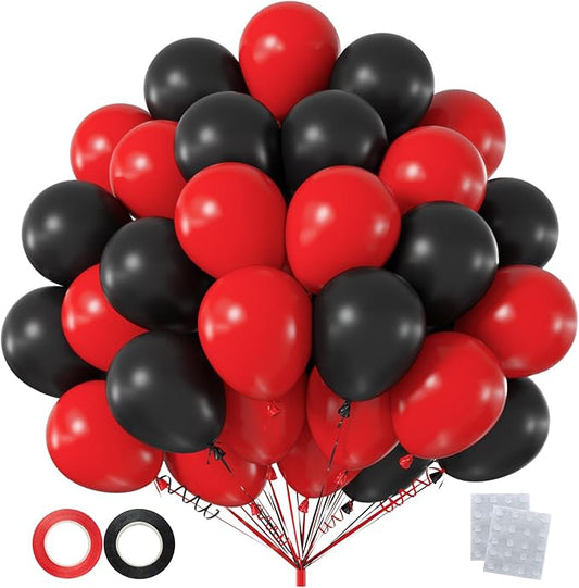 60pcs Red and Black Balloon Kit, 12 Inch Bold Red Black Balloons for Graduation 2026 New Year’s Eve Halloween Casino Night Wedding Party Decorations (with Ribbons & Glues)