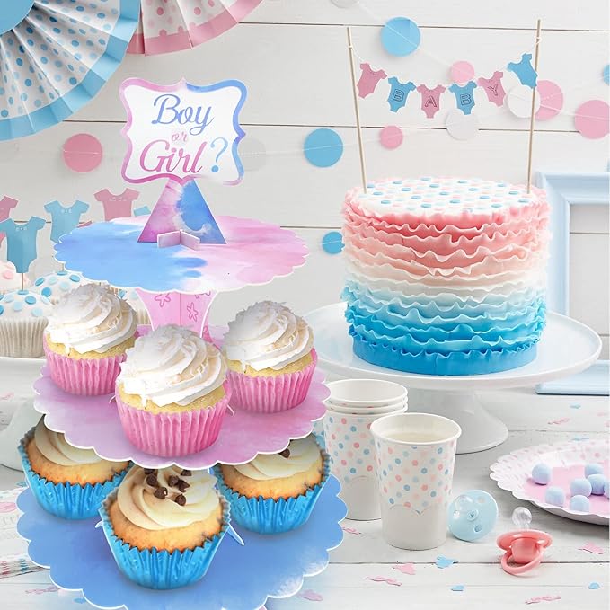 Gender Reveal Cupcake Stand Gender Reveal Party Favors Blue and Pink 3 Tier Cardboard Cake Stand for Party Decorations