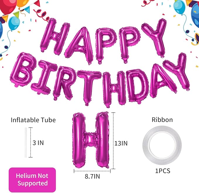 Hot Pink Happy Birthday Balloon Banner, 16 Inch Foil Mylar Happy Birthday Balloons Letters, Reusable Happy Birthday Sign, Hot Pink Birthday Decorations for Women and Girls
