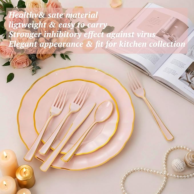 Supernal 120 PCS Pink Plastic Silverware Heavy Duty - Disposable Pink Utensils with Gold Silverware Set Include 40 Forks, 40 Knives and 40 Spoons for Valentines Day/Birthday Party/Wedding