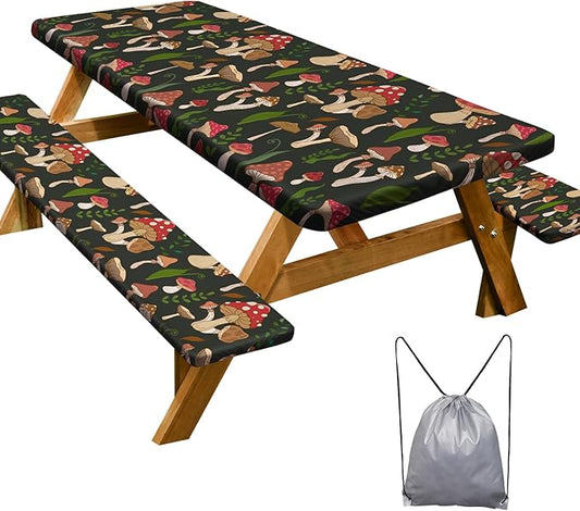 Play Tailor Picnic Table Cover with Bench Covers Camping Essentials Waterproof Windproof Camping Tablecloth with Drawstring Bag, Fitted Rectangle Tables and Seats, 72in, Black Red