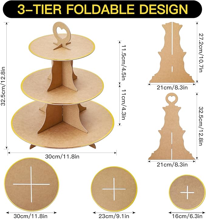 Soleebee 3-Tier Round Cupcake Stand, Cardboard Cupcake Tower, Dessert Cup Cake Stand Tower for Birthday Wedding Party Decoration, Cupcake Tier Stand 1 Set (Brown Gold)