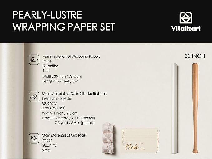 Vitalizart White Wrapping Paper Set 30" Pearly-Lustre With Silk Like Satin Ribbon & Gift Tags Recyclable Christmas Gift Wrapping Birthday Baby Shower Wedding Handmade Crafts 197"(16.4 Ft)