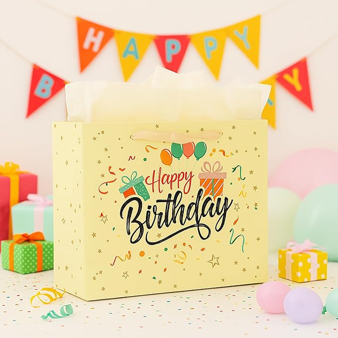 Febbleshow Yellow Birthday Gift Bags with Tissue Paper for Boys Girls Kids Baby Shower - Matte Finish with Colorful Balloon Gift Bag - 13"x10.3"x4.7" (Pack of 2)