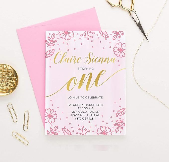 Modern Floral Birthday Invitations, 1st Birthday Invitations Girl or any Age, Your choice of Quantity, Age, Info and Envelope Color
