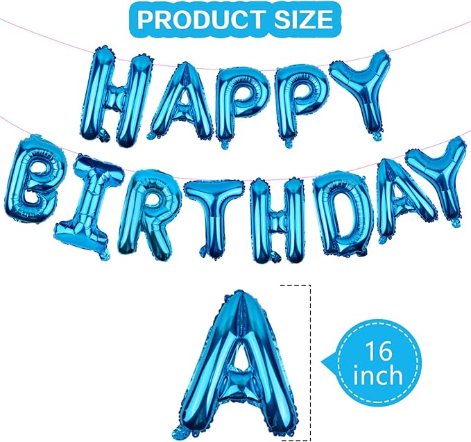 Happy Birthday Balloons Banner Blue 16 Inch Mylar Foil Letters
