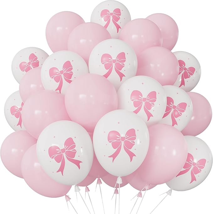 Pink Bow Balloons, 50PCS 12 Inch Pastel Pink and White Bow Print Balloons, Coquette Girly Party Decorations for Girls Birthday, Baby Shower, Bridal Shower, Bachelorette & Bow Theme Party