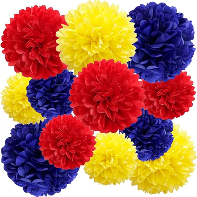 Red Blue Yellow Paper Pom Poms (12 Pack) - Hanging Tissue Flowers for Carnival Circus Birthday Party Ceiling Decorations