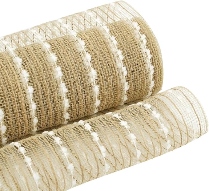 3 Rolls Jute Snowball Deco Mesh Ribbon for Wreath Making Supplies, 10 Inch x 30FT Metallic Foil Burlap Deco Mesh Fabric for DIY Crafts Christmas Tree New Year Wreath Swags and Decorating