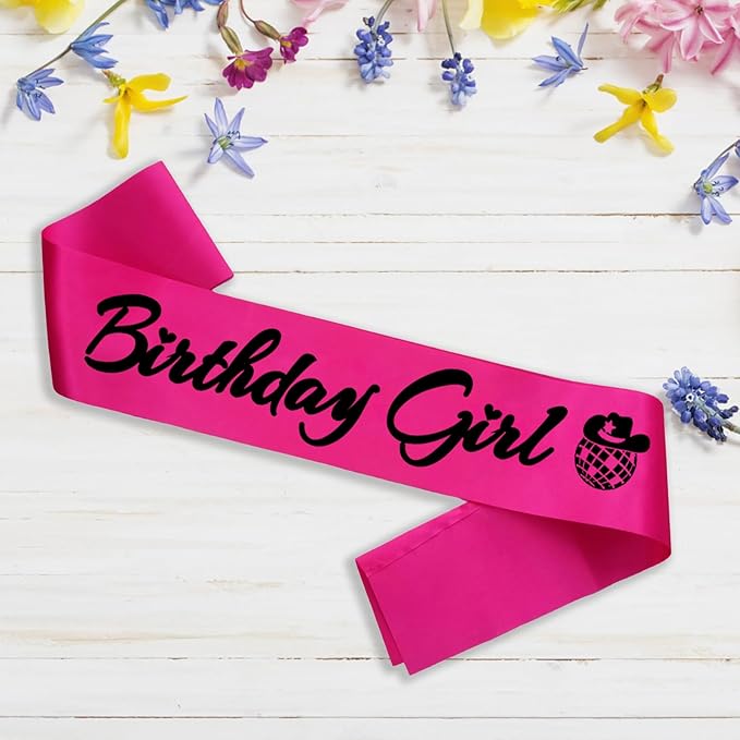 Birthday Girl Sash, Disco Cow Birthday Sash for Cowgirl Funny Birthday Gift Ideas Suppiles, Hot Pink+ Black Foil