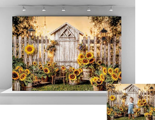 Kate 7x5ft Yellow Sunflowers Backdrops for Photography Rustic Wooden Fence Background Bridal Baby Shower Sweet Birthday Party Decoration Studio Backdrop