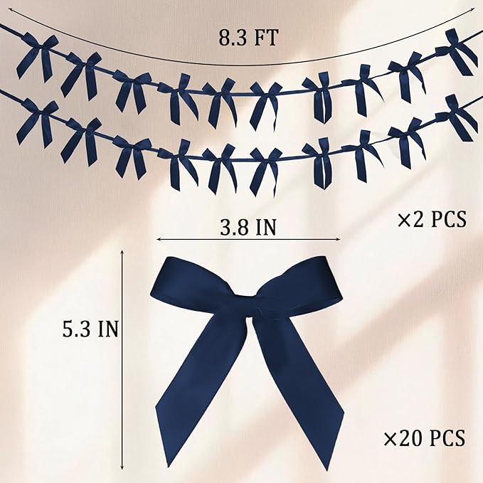 2pcs Navy Blue Bow Garland Banner - 8.3 Feet Coquette Ribbon Bow Decorations for Baby Shower, Birthday Party, Bridal Shower Decor (Navy Blue)