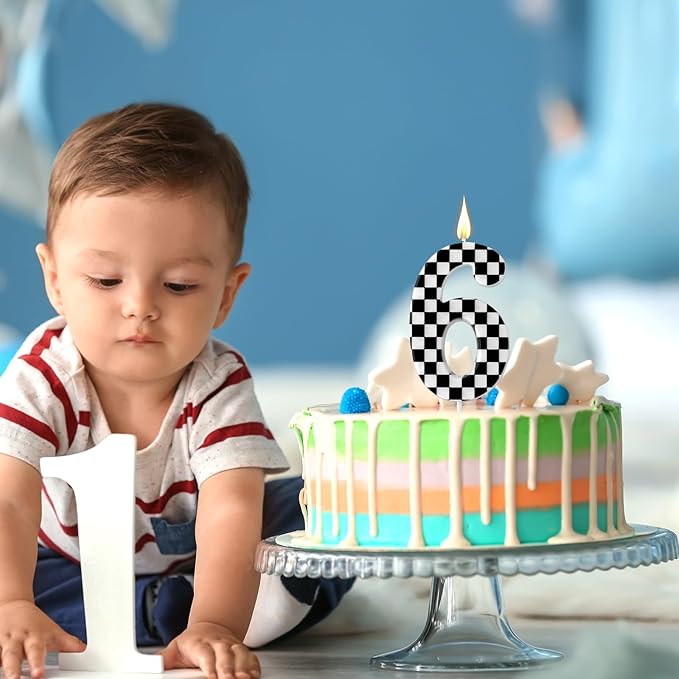 Racing Cars Themed Birthday Candle, Checkered Flag Number Candles Black and White Candles Happy Birthday Cake Topper Party Decorations for Boys Racing Cars Themed Party Supplies (Number 6)