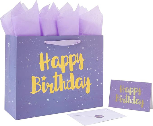 Qirrmiy 13” Large Purple Happy Birthday Gift Bag Set with Handles, Greeting Card, Lavender Tissue Papers and Stickers for Women Girls Kids, Stars Design, 1 Pcs.