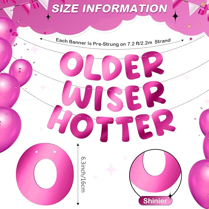 Fulmoon Set of 3 Pre Strung Older Wiser Hotter Glitter Banner Funny Birthday Banner for Women 30th 40th 50th 60th 70th 80th Birthday Party Decorations Sign Gift(Bright Hot Pink)