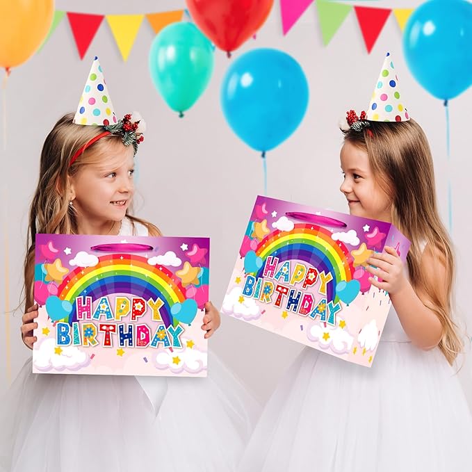 Large Birthday Gift Bag for Girls Kids Happy Rainbow Birthday Gift Bag with Greeting Card and Tissue Paper Colorful Birthday Gift Wrapping Paper Bag for Girls Birthday Baby Shower Party Supplies Decor