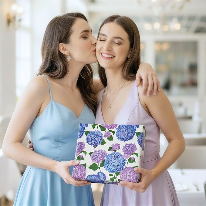WERNNSAI Floral Wrapping Paper - 1 Roll 17”x 33 ft Blue Hydrangea Flower Wrapping Paper for Women Girls Birthday Supplies Floral Gift Wrap for Wedding Bridal Shower Party Favor