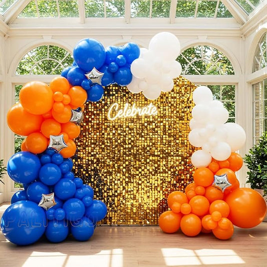 Blue, Orange and White Balloon Arch Kit with Silver Star Foil – Double-Stuffed 5" 12" 18" Balloons for Football, Back to School, Fall Baby Shower, Boys Birthday & Halloween Decor