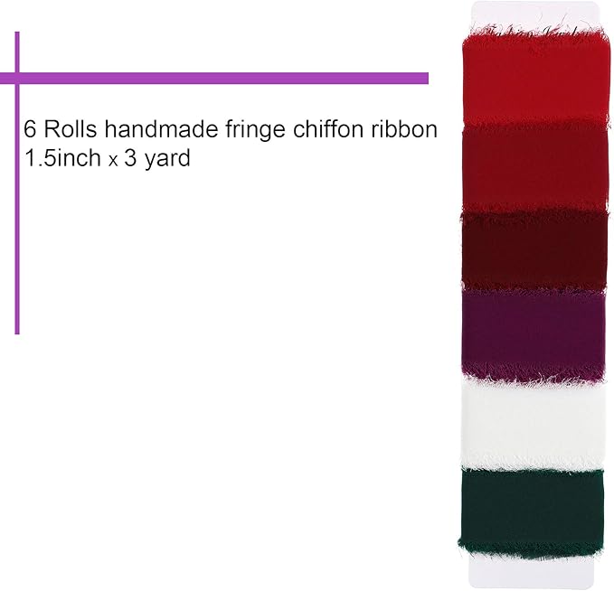 6 Rolls Handmade Fringe Chiffon Silk Ribbon 1.5" x 3 Yd Colorful Ribbon for Wedding Invitations, Bridal Bouquets, Gifts Wrapping, DIY Crafts (Red and Green Set)