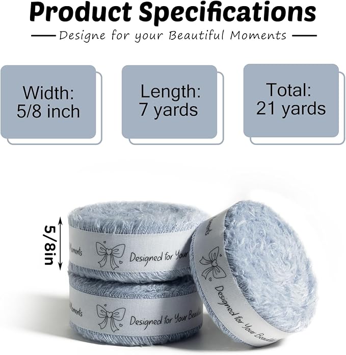 Dusty Blue Cotton Ribbon 5/8 Inch Dusty Blue 3 Rolls 21 Yards Frayed Edge Fabric Set for Wedding Decor, Bridal Bouquet Wrap, Graduation Party, Gift Wrapping & Spring Wedding