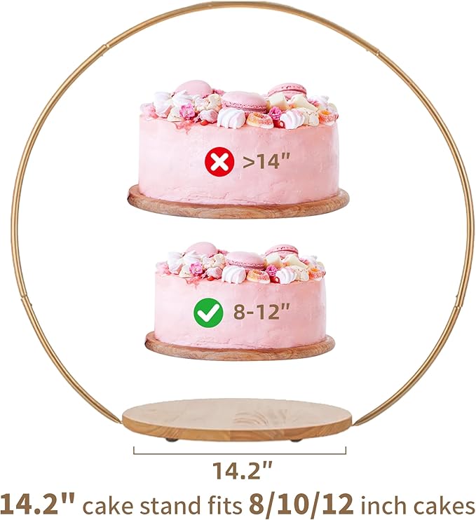 Hanobe Wedding Cake Stand Gold: 14 Inch Round Arch Cupcake Display Stands with Wood Base for Party Decorative Metal Hoop Centerpiece Decor for Birthday Baby Shower