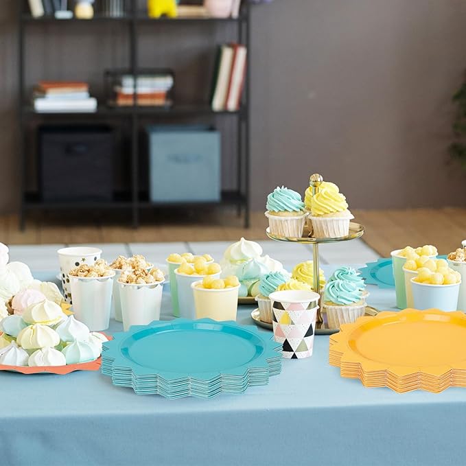FYSUIMU 48 Pcs Here Comes The Son Party Plates Boho Sun Paper Disposable Plates 7 Inch Colored Sunshine Shape Tableware for First Trip Around the Sun Baby Shower 1st Birthday Summer Table Decor