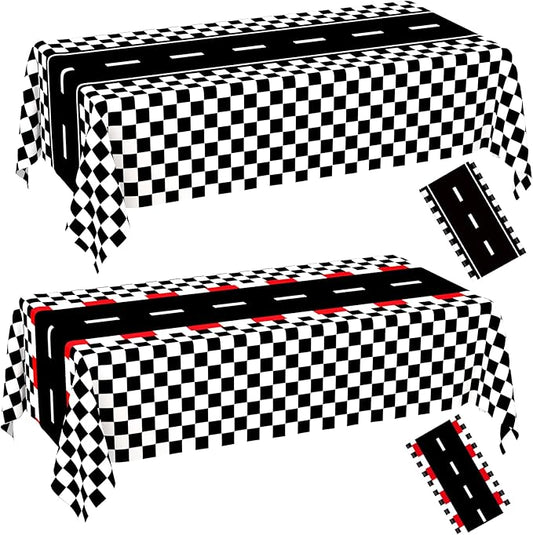 WNINK 2 Pack Race Car Table Cloth and Black White Gingham Tablecloths Disposable Plastic Buffalo Check Tablecloth Checkered Flag Covers for Birthday, Outdoor Picnic, Birthday, Camping 54 × 108 Inch