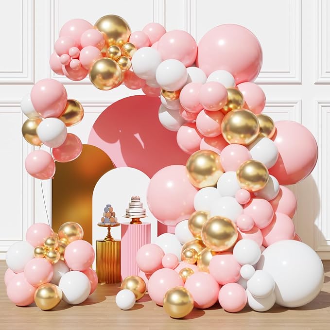 Pink and Gold Balloons Balloons Garland Arch Kit, Pink and White Balloon with Metallic Gold Latex Balloons for Graduation, Wedding, Baby Shower, Engagement, Birthday Party Decorations