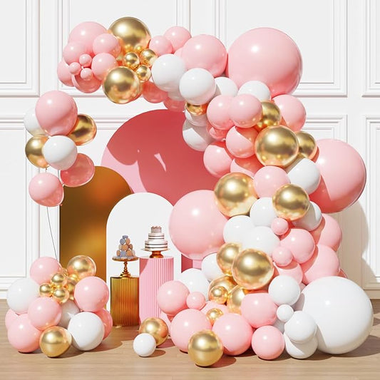 Pink and Gold Balloons Balloons Garland Arch Kit, Pink and White Balloon with Metallic Gold Latex Balloons for Graduation, Wedding, Baby Shower, Engagement, Birthday Party Decorations