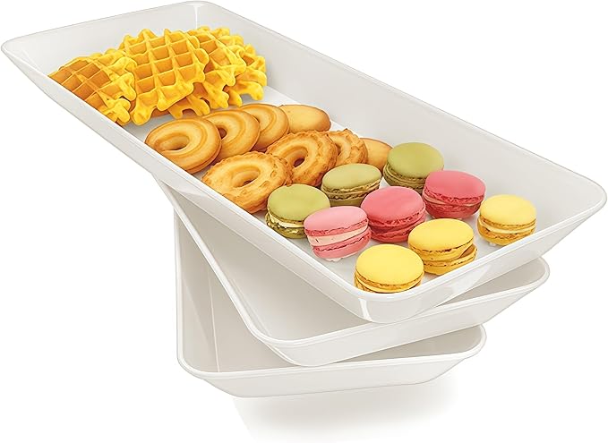 Serving Tray Platter Rectangle, 3 Pcs Long Narrow Food Tray for Veggie Fruit Snack Dessert, Plastic White Food Trays for Party Supplies Display, Rectangular Platters for Serving Food, BPA Free