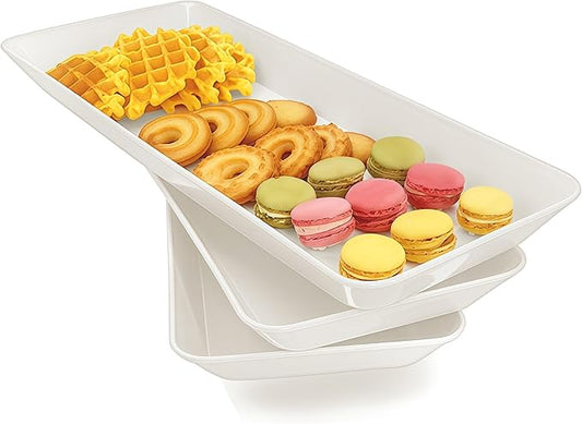 Serving Tray Platter Rectangle, 3 Pcs Long Narrow Food Tray for Veggie Fruit Snack Dessert, Plastic White Food Trays for Party Supplies Display, Rectangular Platters for Serving Food, BPA Free