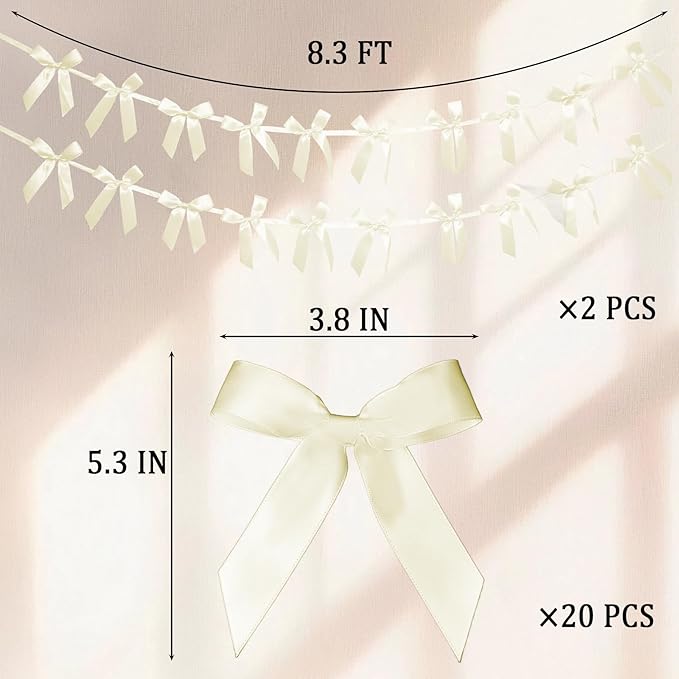 2pcs Beige Bow Garland Banner - 8.3 Feet Coquette Ribbon Bow Party Decorations for Baby Shower Girls, Birthday Party, Bridal Shower Decor (Beige)